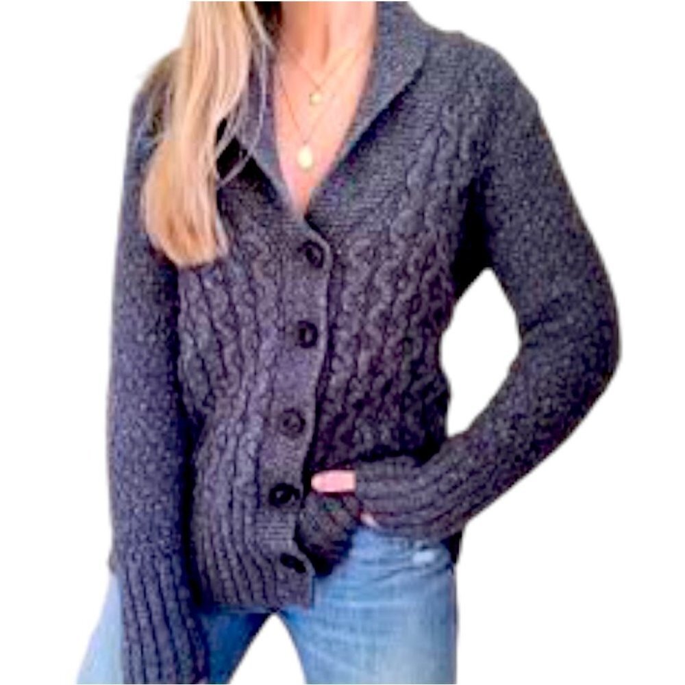** Eddie Bauer Charcoal Grey Shawl Collar Cable Knit Button Up Cardigan Size S